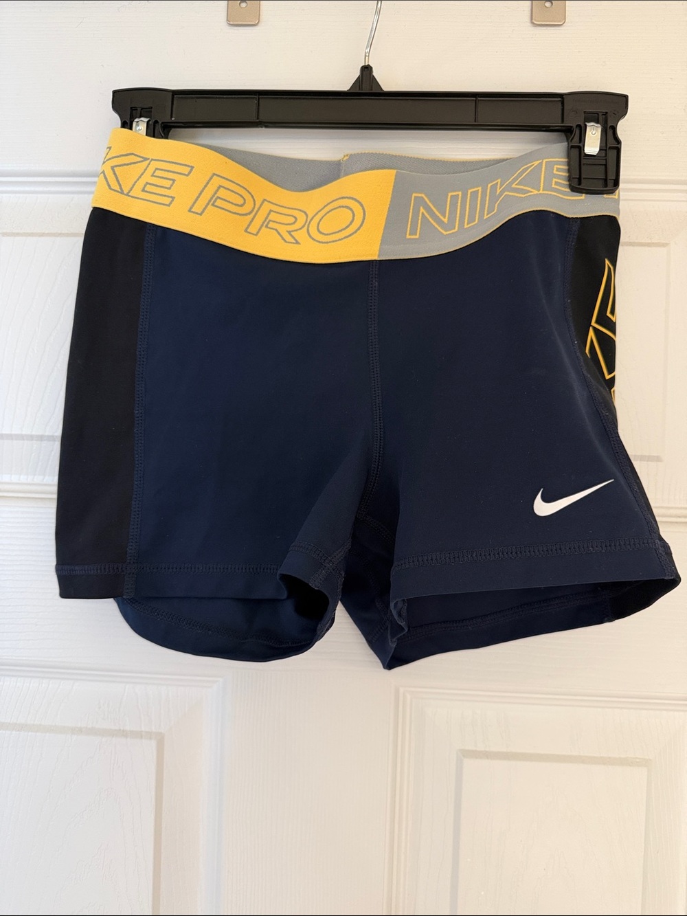 Nike Navy Athletic Compression Shorts with Yellow Waistband
